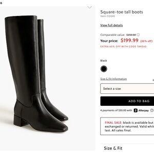 Black Square-Toe Tall Boots, J Crew Size 9 Brand New Still In The Box